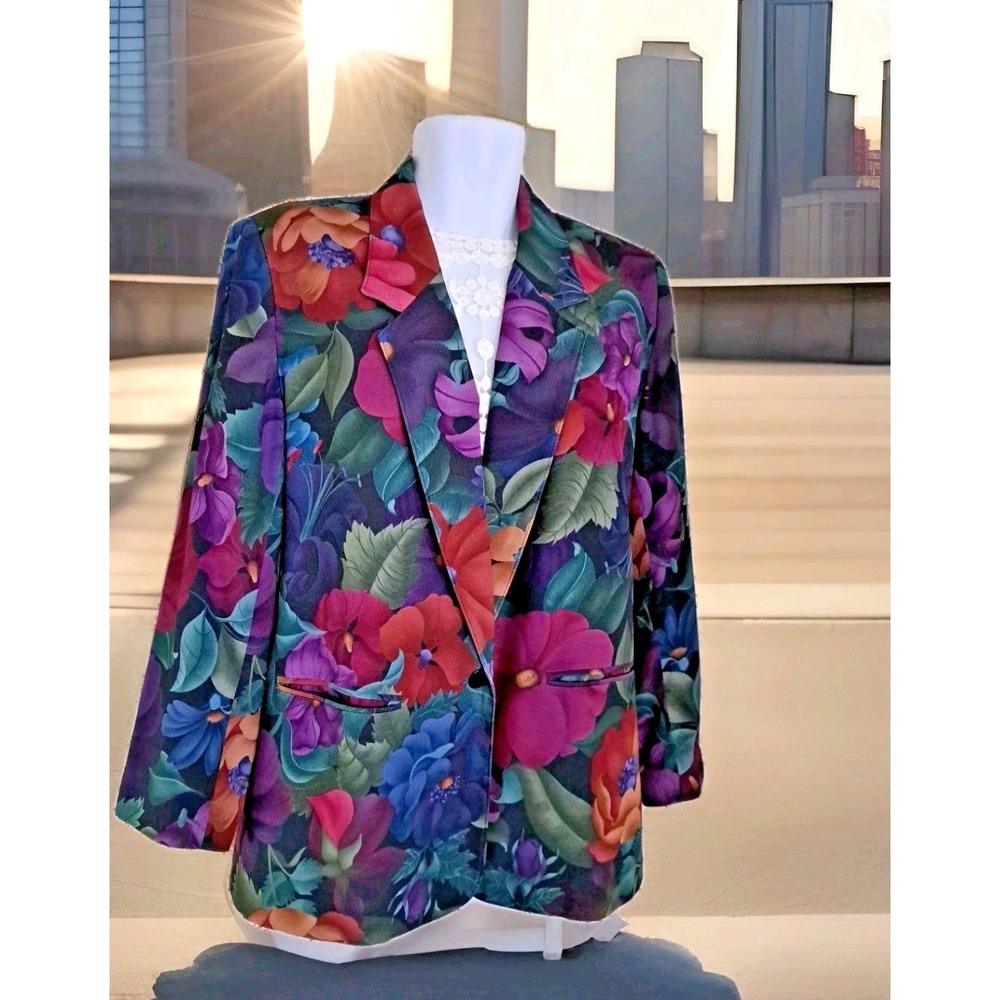 Alfred Dunner Blazer 14 Purple Floral USA Made One Button Lined Pockets Career